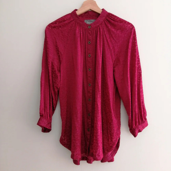 By Anthropologie Susanna Burnout Velvet Button Up Blouse 3/4 Sleeves Medium - Picture 4 of 17